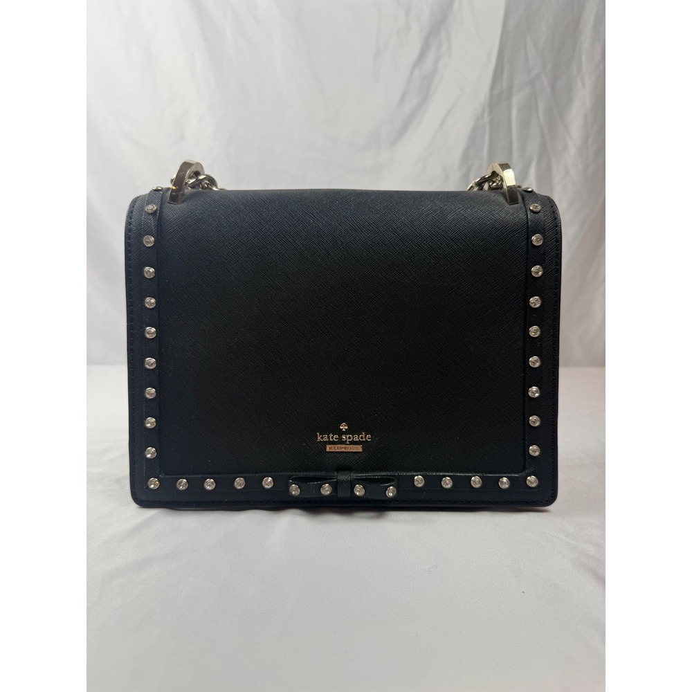 Kate Spade New York Black Saffiano Bow Studded Chain Crossbody Bag #mc